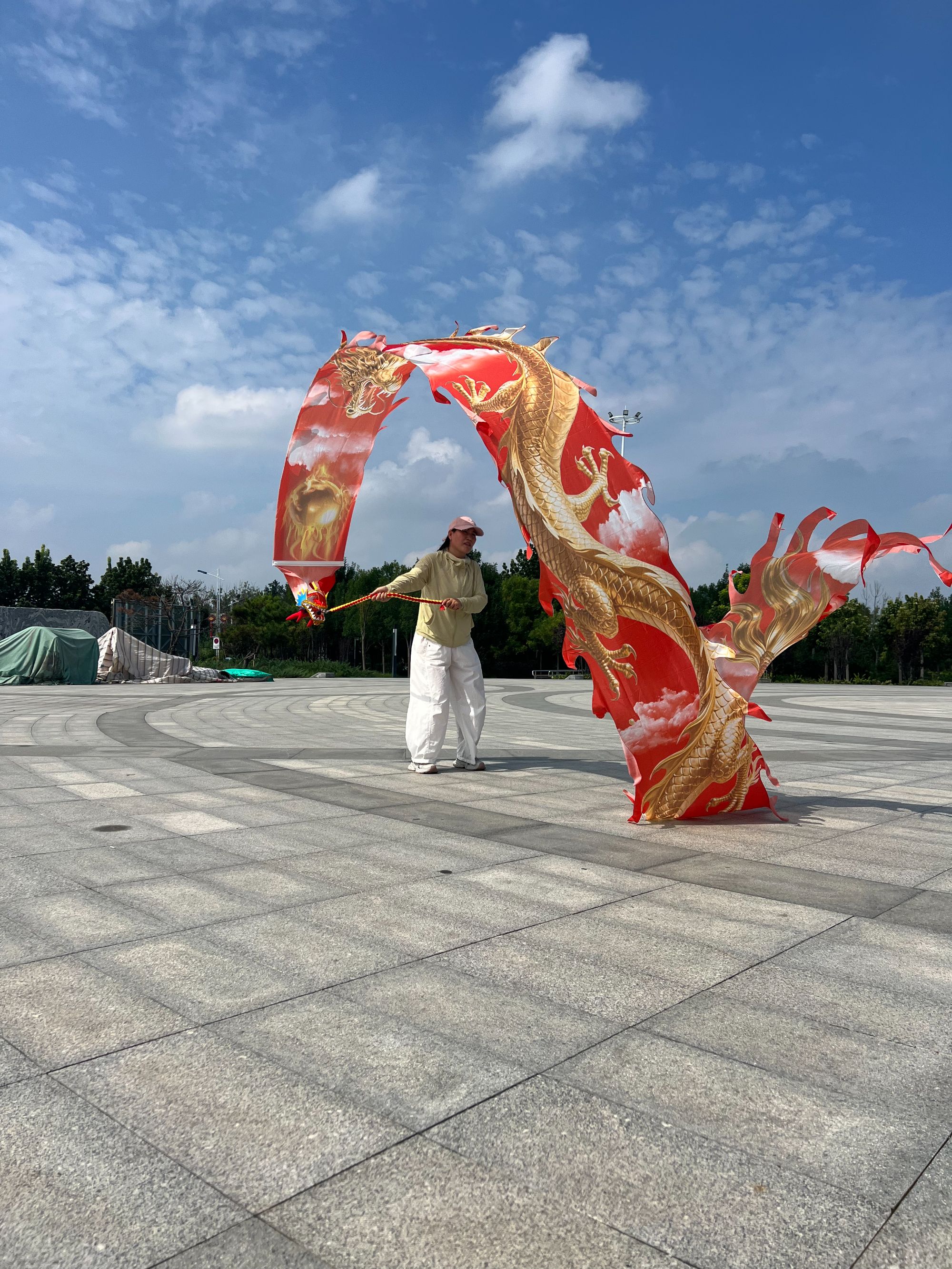 广场彩带舞彩绸黄金金龙彩带中老年单人表演舞龙道具