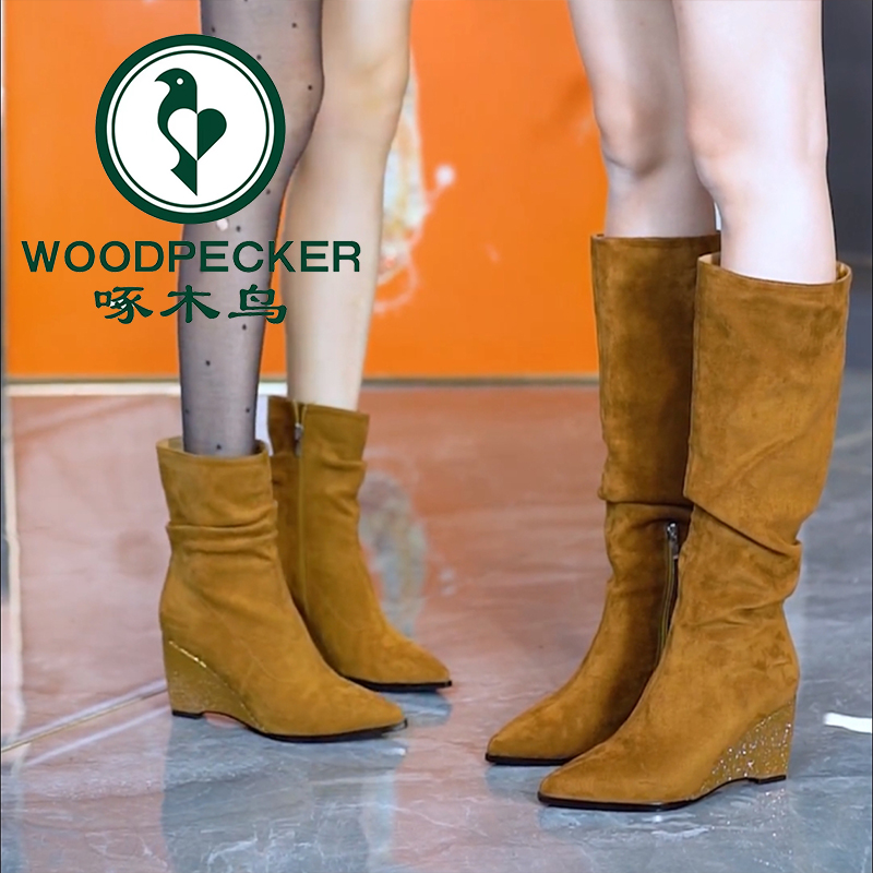 啄木鸟坡跟不过膝长靴高筒靴2025年秋冬新款堆堆靴高跟侧拉链短靴
