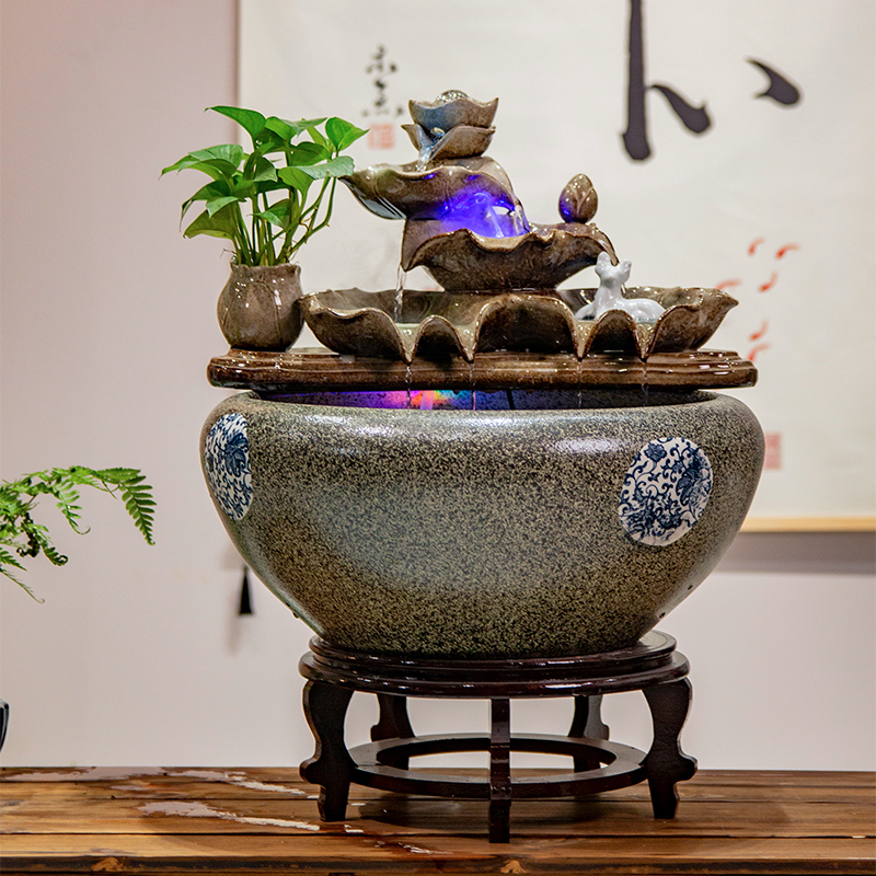 复古步步高升景德镇特大桌面流水鱼缸养龟摆件适合电视柜上茶几