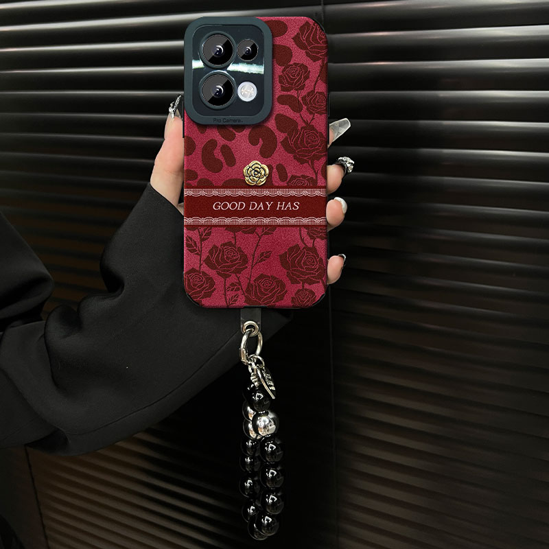 适用于【opporeno13】豹纹玫瑰ins风秋冬酒红翻毛皮网红手机壳女款