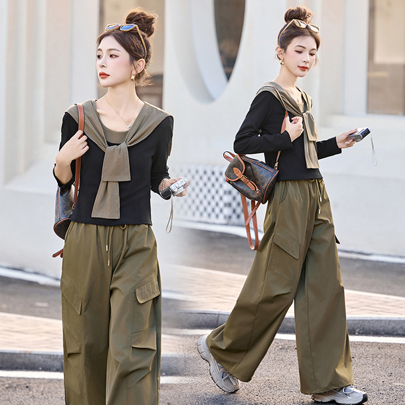 韩系时髦气质披肩套装女2025年春秋新款修身显瘦工装阔腿裤三件套