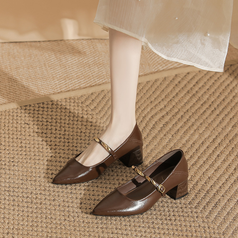 法式尖头小金条玛丽珍粗跟通勤百搭晚宴气质高级女单鞋真皮春秋