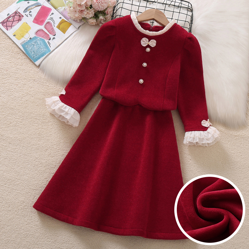 女童小香风套装2025新年衣服红色儿童装加绒拜年服女大童冬装裙子