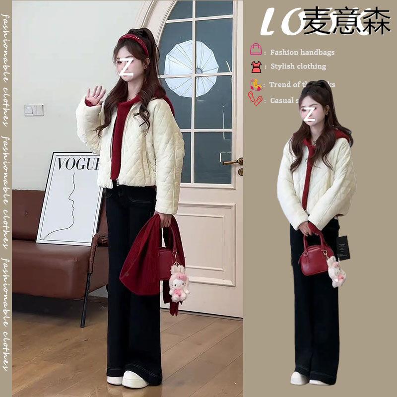 春季流行搭配女2025新款减龄菱形格衣服外套阔腿裤三件套装潮