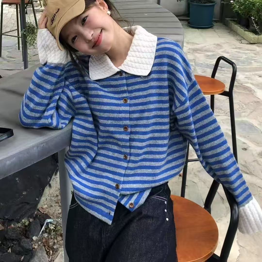 小香风蓝白条纹polo领长袖针织衫女早秋季慵懒松弛感穿搭外套上衣