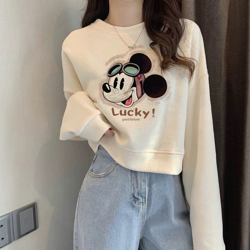 圆领套头短款卫衣女加绒加厚秋冬长袖上衣高腰显瘦小个子春秋薄款