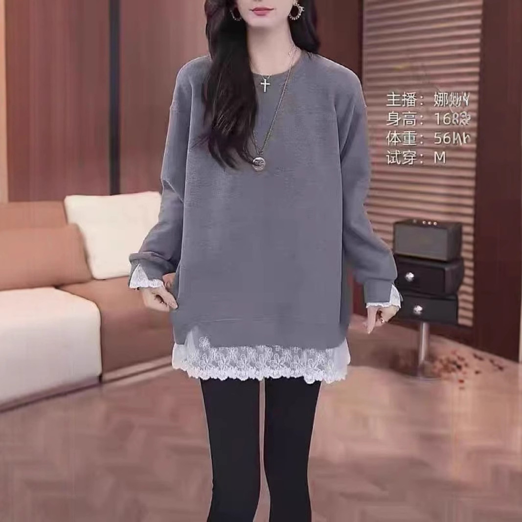 假两件撞色蕾丝拼接加厚T恤女秋冬早春宽松内搭打底衫中长款上衣