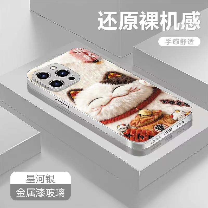 招财猫适用苹果17/16华为P70/vivo/oppo金属漆玻璃防摔手机壳女款