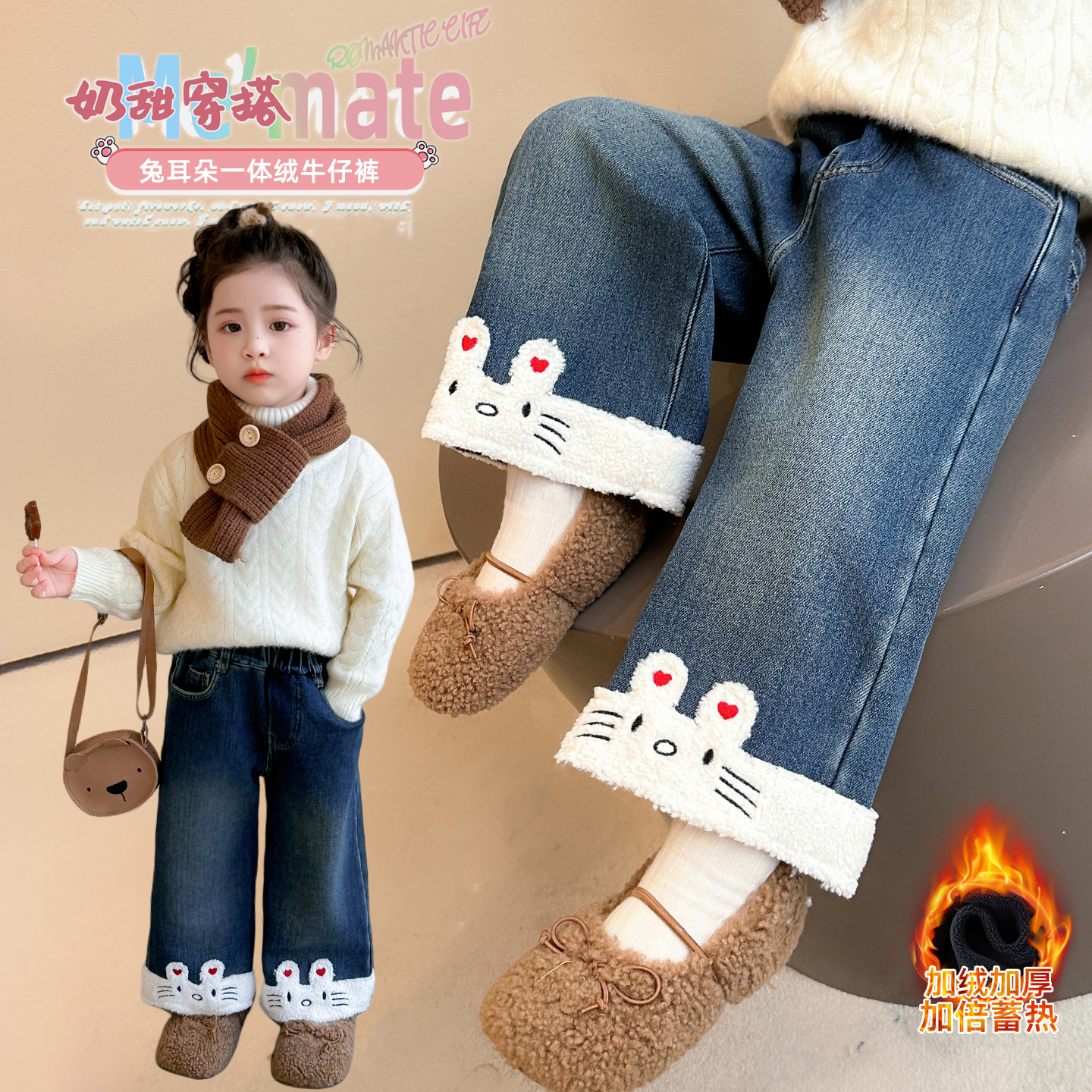 女童加绒直筒牛仔裤洋气儿童秋冬装新款女宝宝一体绒休闲阔腿裤子