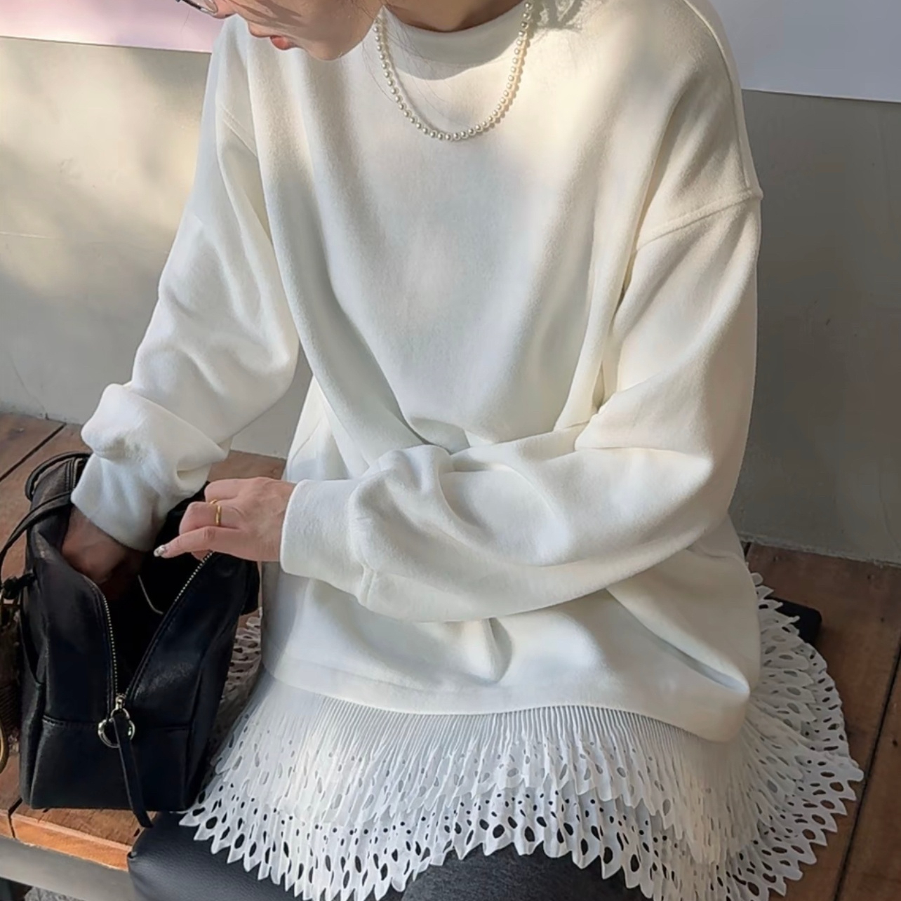 【美丽小衫】韩系双面德绒打底衫设计感显瘦拼接百褶下摆花边中长款