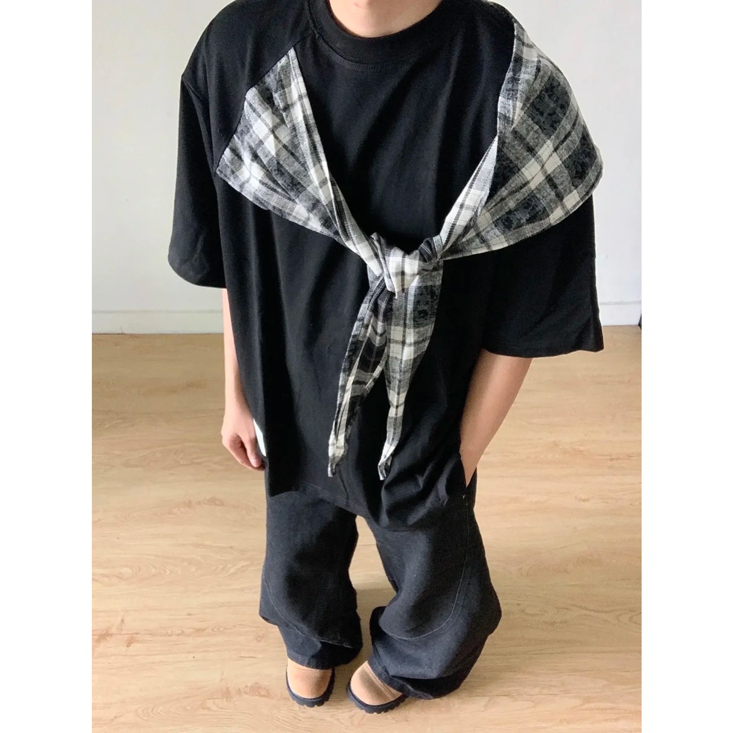 labzaa美式潮牌创意假两件纯棉短袖t恤男女夏季设计感情侣款上衣