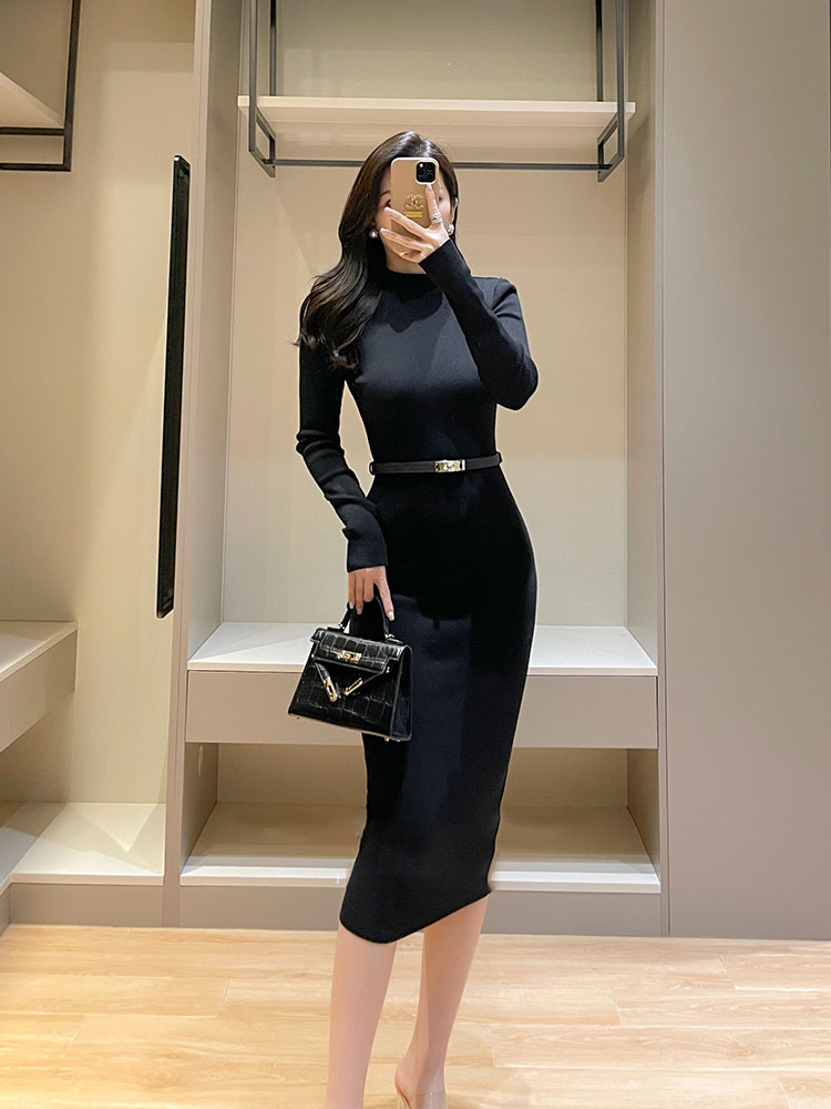 韵味包臀气质连衣裙极简弹力针织时尚显白连衣裙秋季修身长袖裙子