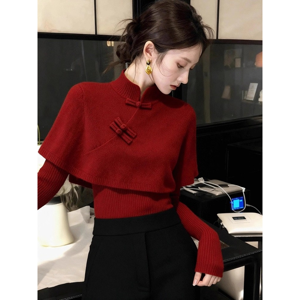 新中式红色立领斗篷盘扣两件套毛衣女秋冬新款修身显瘦单穿上衣潮