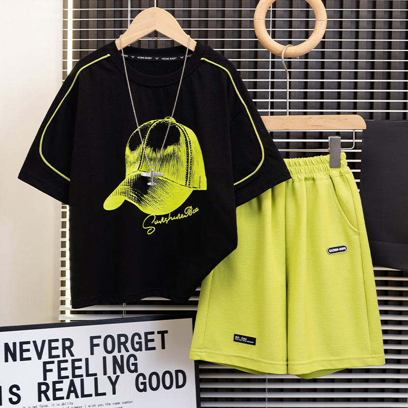 男童夏装套装2025新款中大童男孩黑色薄款夏季运动休闲洋帅气潮酷