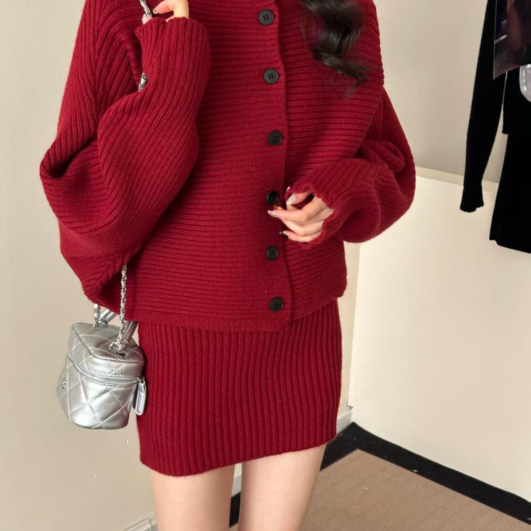 原创时尚气质炸街针织套装女秋冬慵懒蝙蝠衫毛衣开衫半身裙两件套