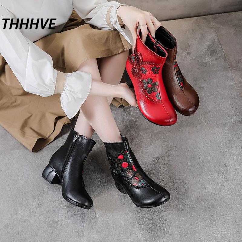 印花短靴女靴真皮靴子民族风新款秋冬头层牛皮粗跟软底女款拼色皮