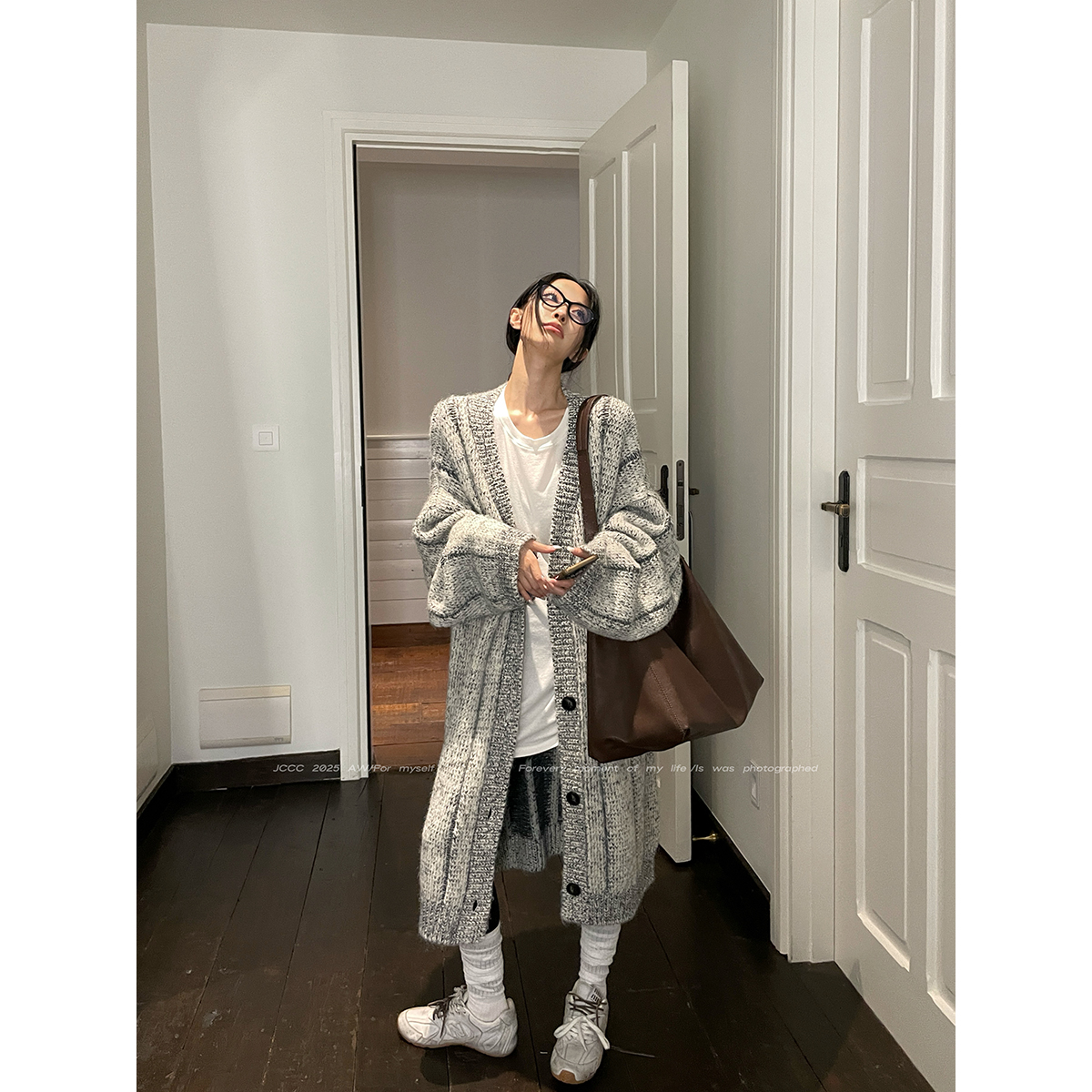 JCCC影子【星期三的云】花灰色灯笼袖中长款麻花针织开衫JE5IBS11