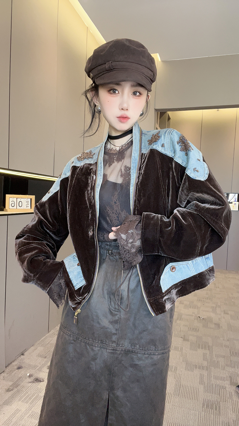 拼接丝绒牛仔外套女2025秋季新款欧洲站时尚重工装饰拉链长袖上衣