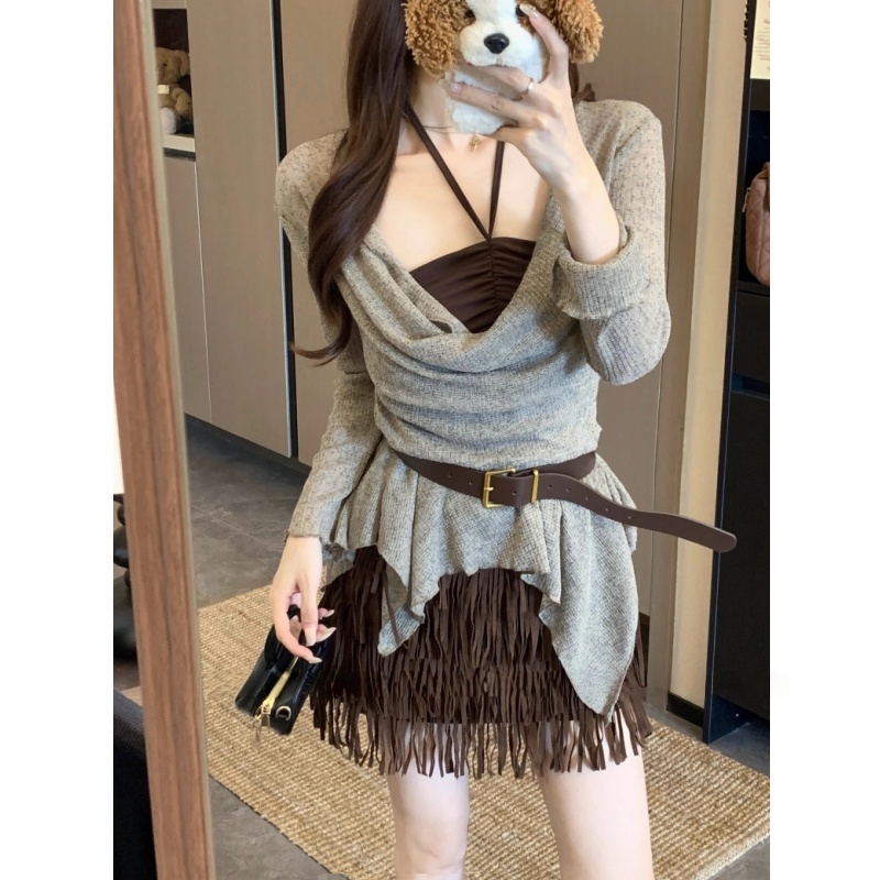 美拉德秋季设计感荡领两件套上衣+流苏短裙