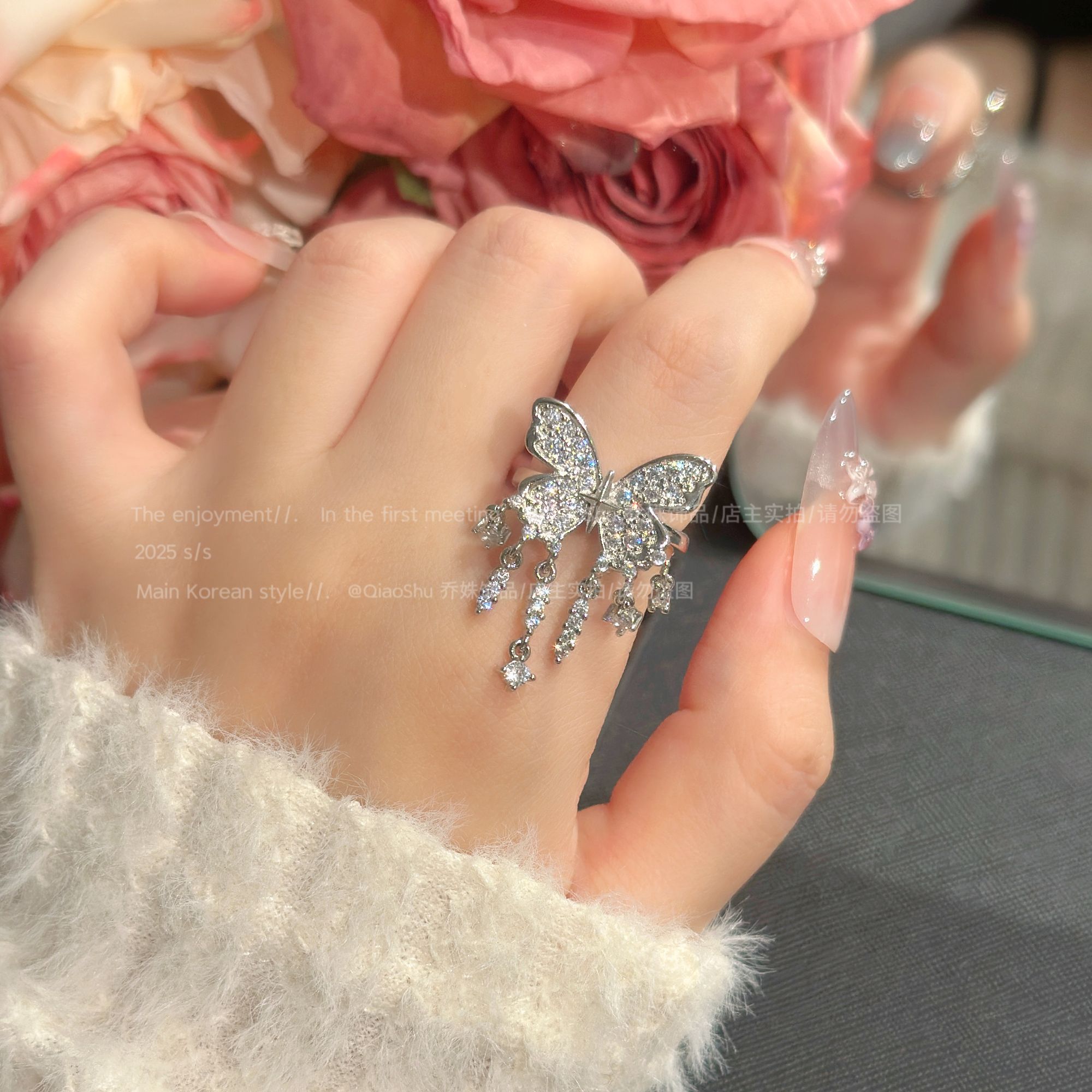 铜合金合成锆石戒指 C549流苏冷淡风蝴蝶戒指仙气爆闪高级ins轻奢