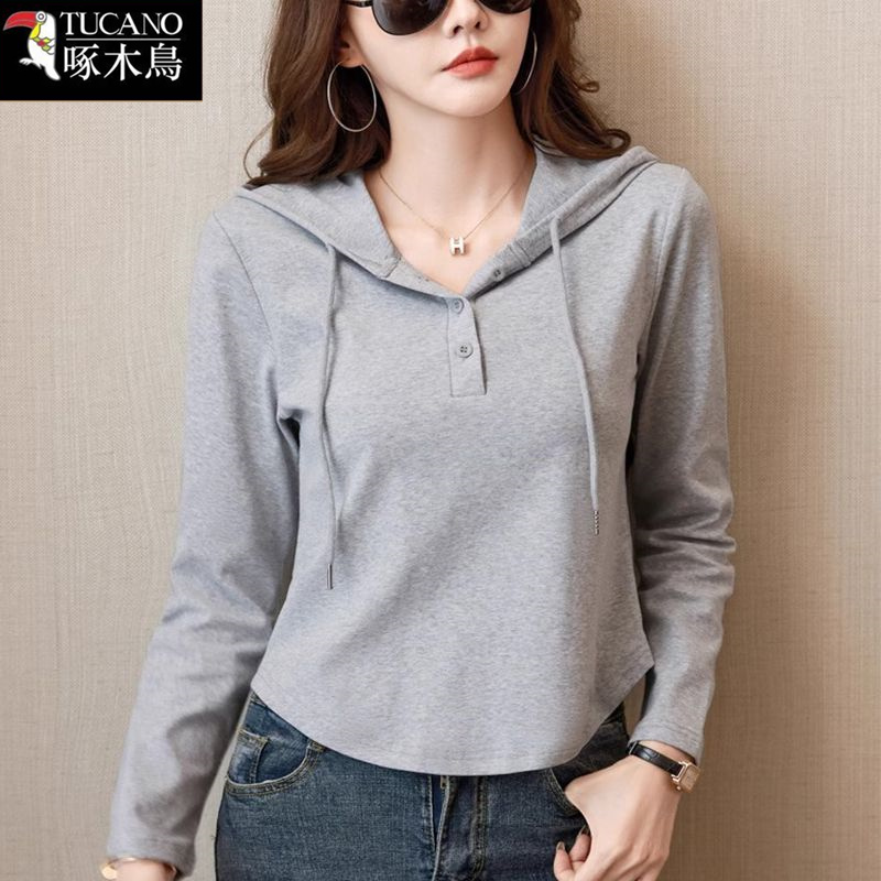 啄木鸟2025年新款连帽长袖t恤春秋季女士修身显瘦设计感短款上衣