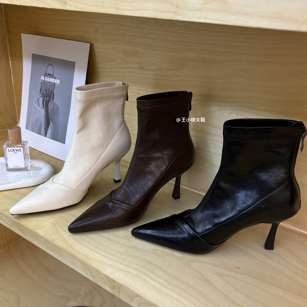 细跟高跟女鞋短靴时尚尖头靴子2025年秋冬新款后拉链法式瘦瘦靴