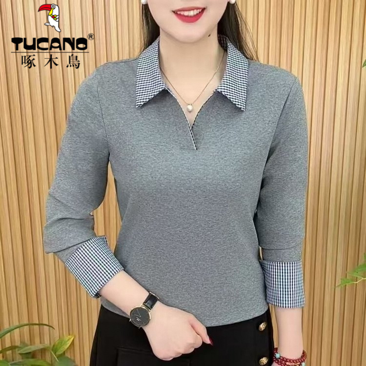 啄木鸟正品春秋妈妈装时尚翻领T恤打底衫2025新款撞色休闲上衣长