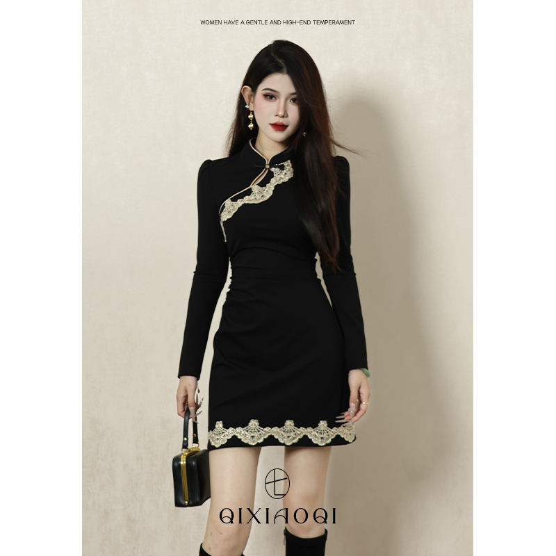 七小七Sicily【清风影】新中式国风长袖气质拼接修身黑色旗袍复古女