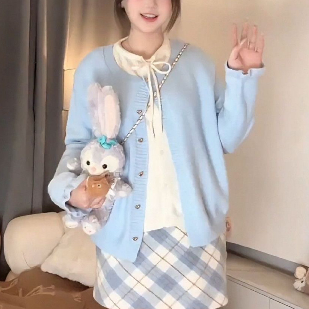 大码甜美温柔风针织开衫毛衣女秋冬胖mm显瘦假两件拼接打底衫上衣