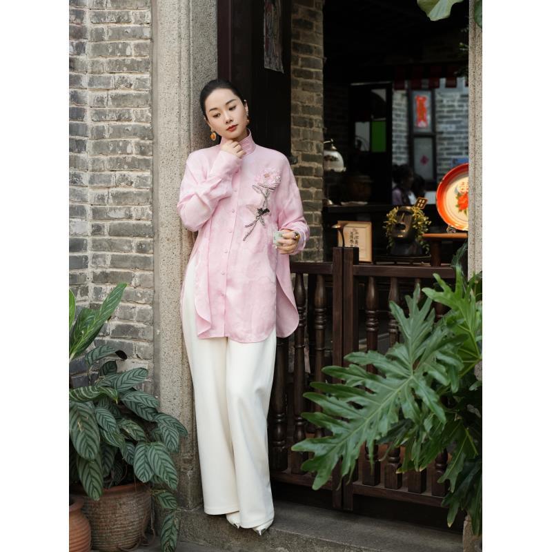 爱妃原创【柔盈】新中式刺绣秋冬休闲气质高级感时尚粉衬衫87214