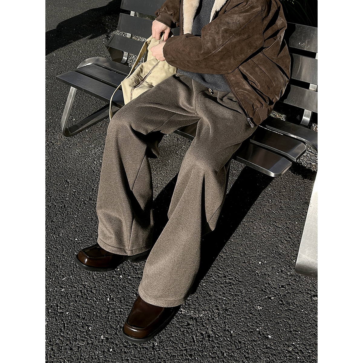 York Zoom秋冬新款重磅人字纹A褶复古阔腿加绒加厚休闲裤长裤宽松