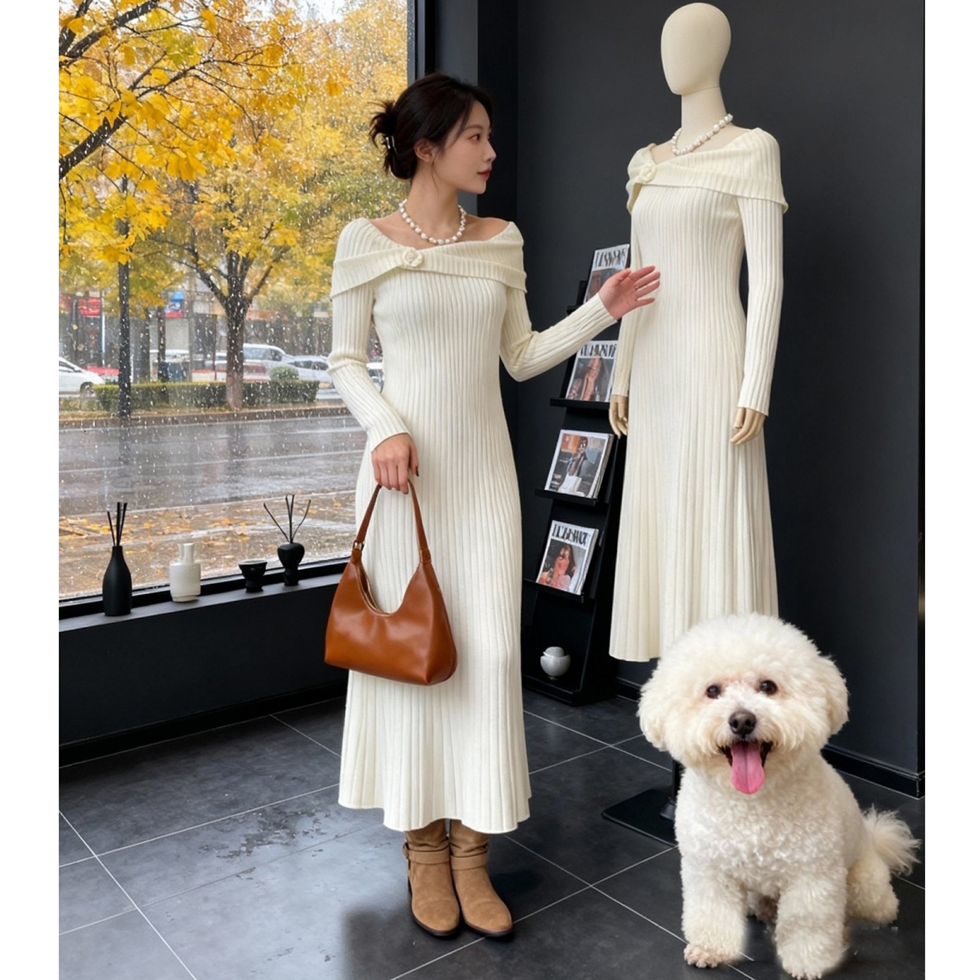 法式针织连衣裙秋冬露肩一字领花朵捏褶显瘦气质优雅风设计感长裙