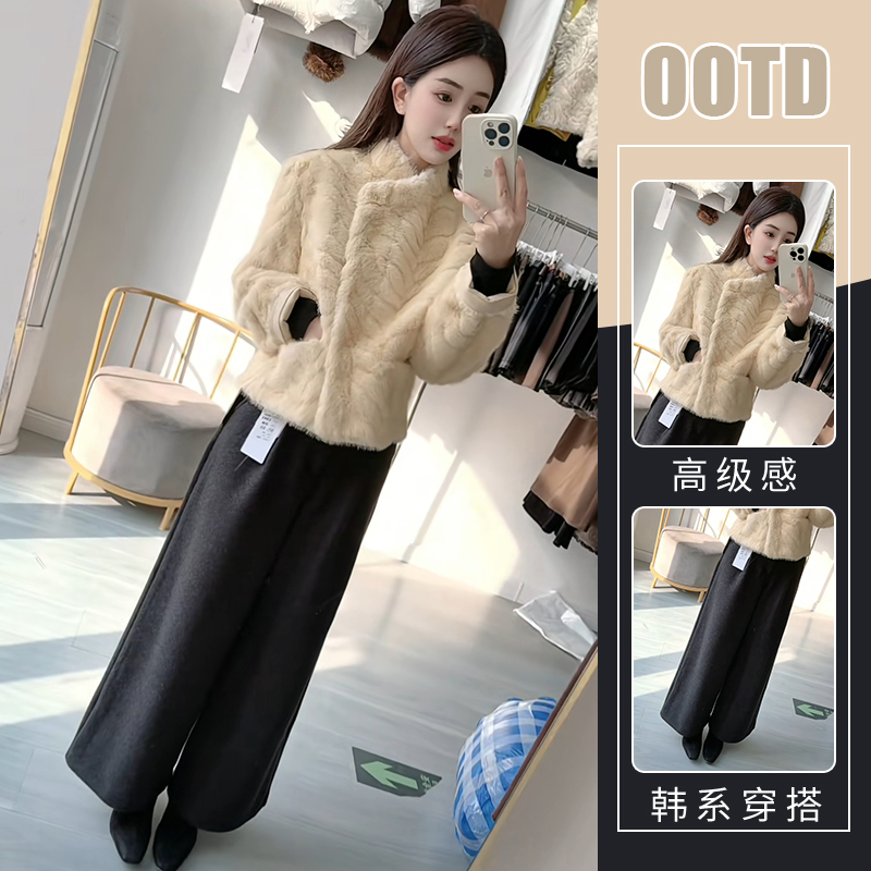 欧货两件套时尚套装冬季新款法式洋气百搭保暖短外套遮胯阔腿裤潮