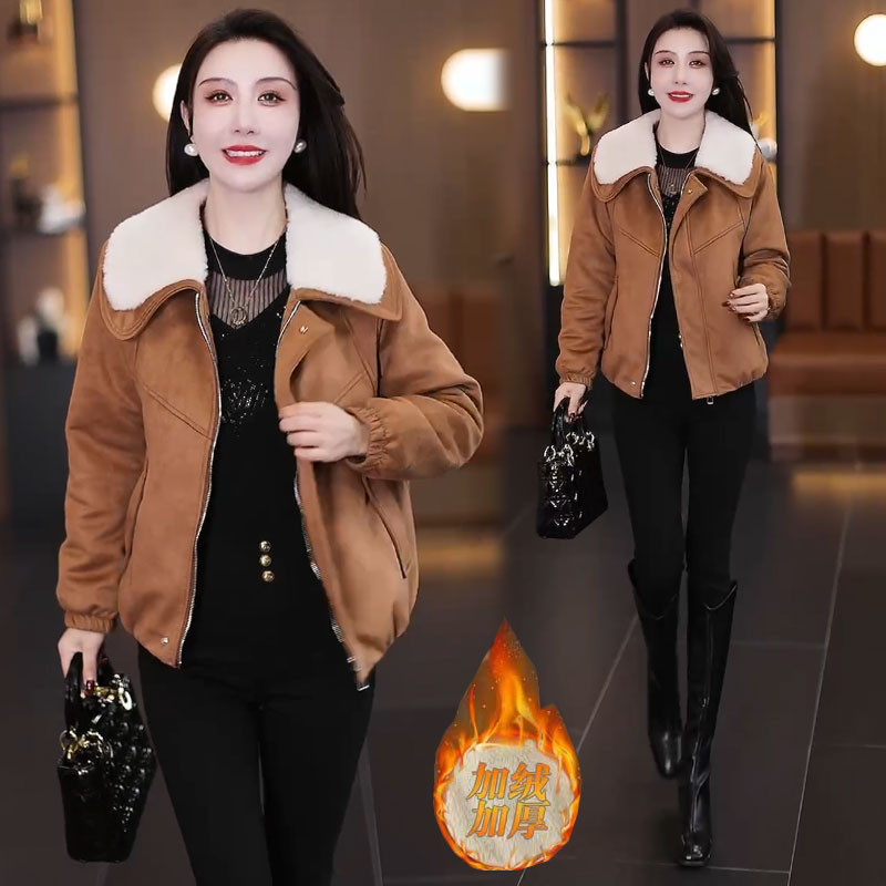 加绒加厚麂皮绒短外套女2025冬季新款时髦洋气保暖短款百搭厚上衣