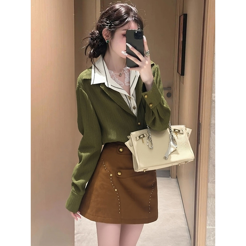 秋季套装女2025新款韩系减龄穿搭一整套衬衫上衣钉珠半身裙两件套