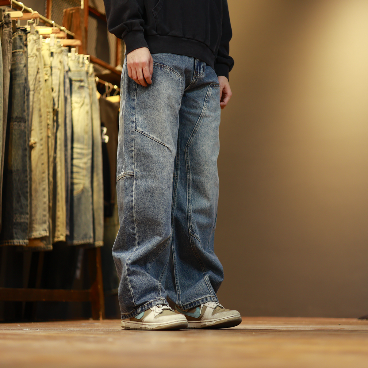 K5019-1宽松拼接休闲水洗复古潮流搭配男士弯刀牛仔裤