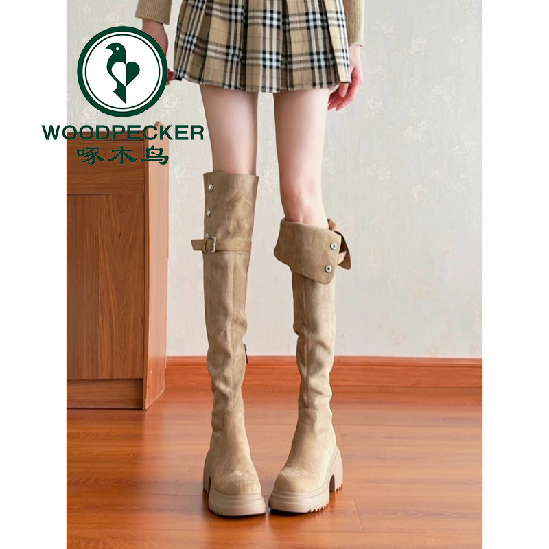 啄木鸟美拉德两穿翻折厚底长筒靴女2025秋冬季新款粗跟过膝骑士靴