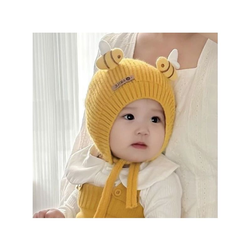 婴儿帽子秋冬毛线帽宝宝保暖防风针织可爱秋冬季系绳女童护耳包头