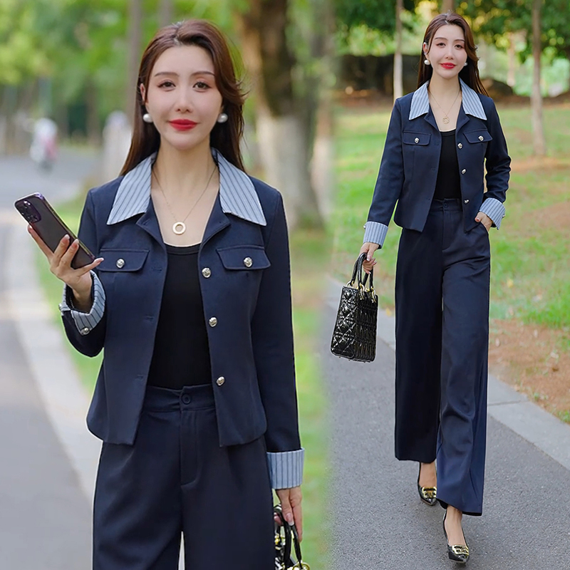 时尚洋气质西装套装女2025秋季新款条纹拼接阔腿裤职业休闲两件套