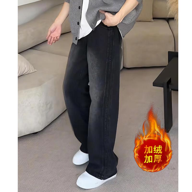 加绒加厚牛仔裤男士秋冬款黑色美式裤男裤男生宽松直筒裤长裤百搭