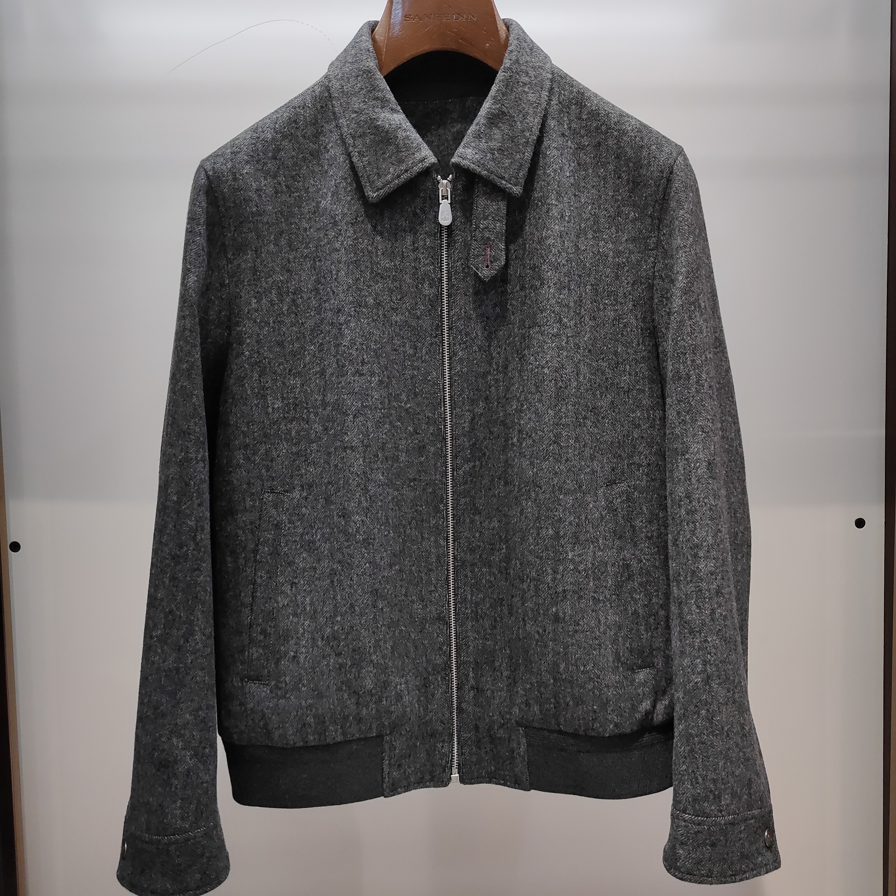 25年秋冬新款加棉经典雪佛龙夹克外套bc灰色鱼骨纹羊毛翻领夹克