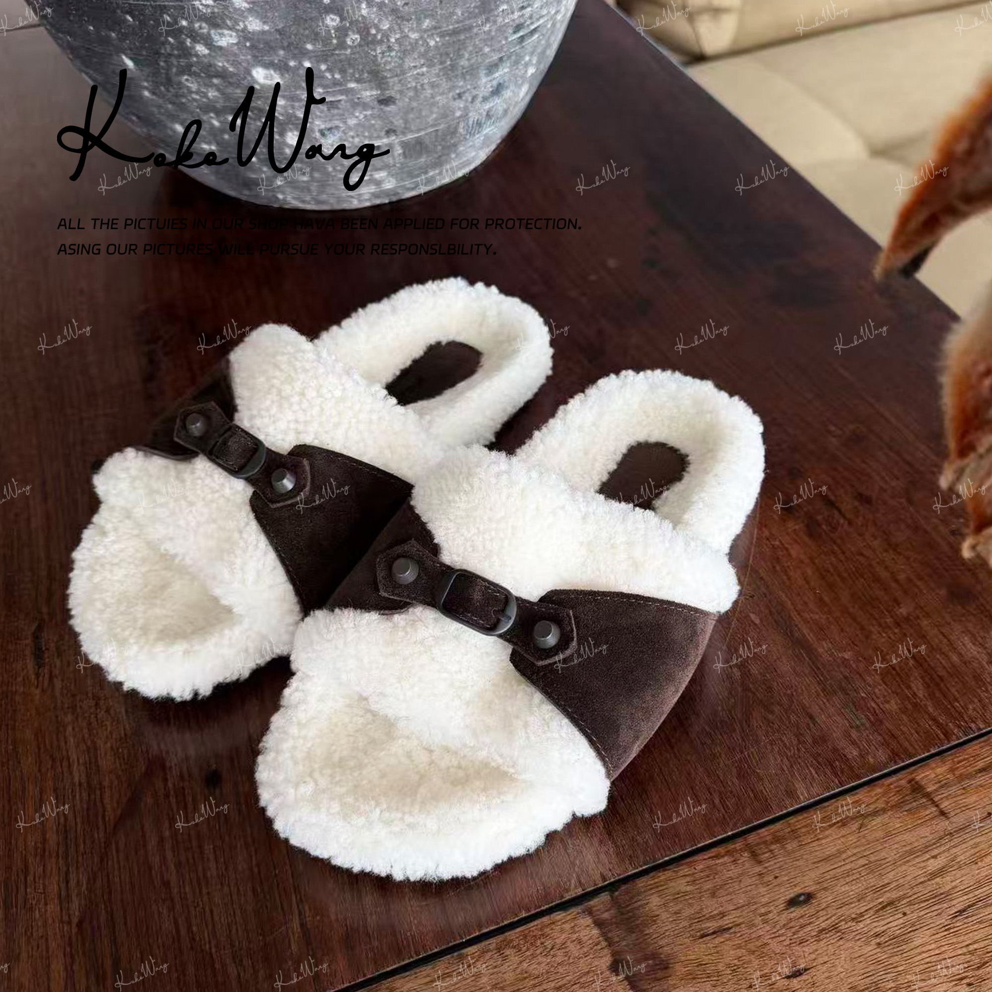 KOKO WANG 秋冬高级感真皮带扣拼色羊毛平底拖鞋X6985K14X02