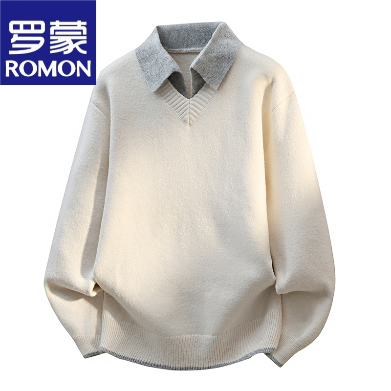 罗蒙男士假两件男款秋冬季新款爆款纯色翻领长袖针织衫打底上衣潮