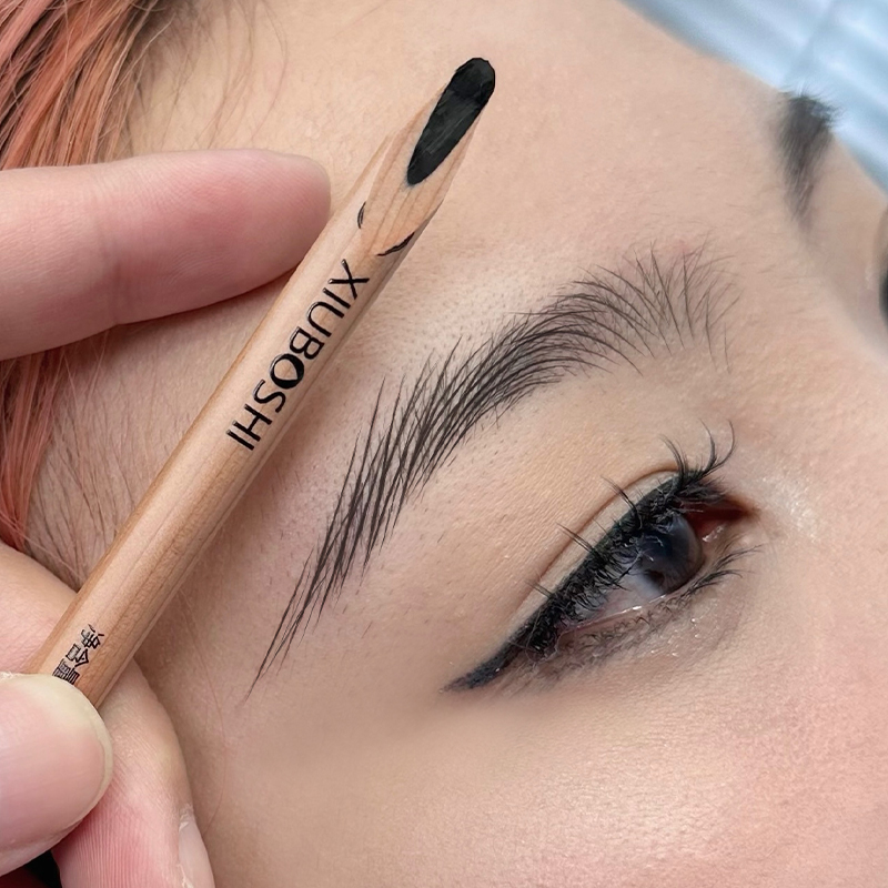 线条眉原木砍刀硬芯眉笔防水防汗防麻不脱色自然黑色通用纹眉新手