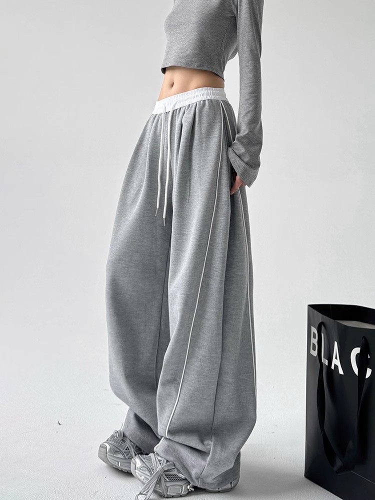 今年流行灰色拼接休闲裤女宽松显瘦阔腿嘻哈美式爵士舞拖地长裤子