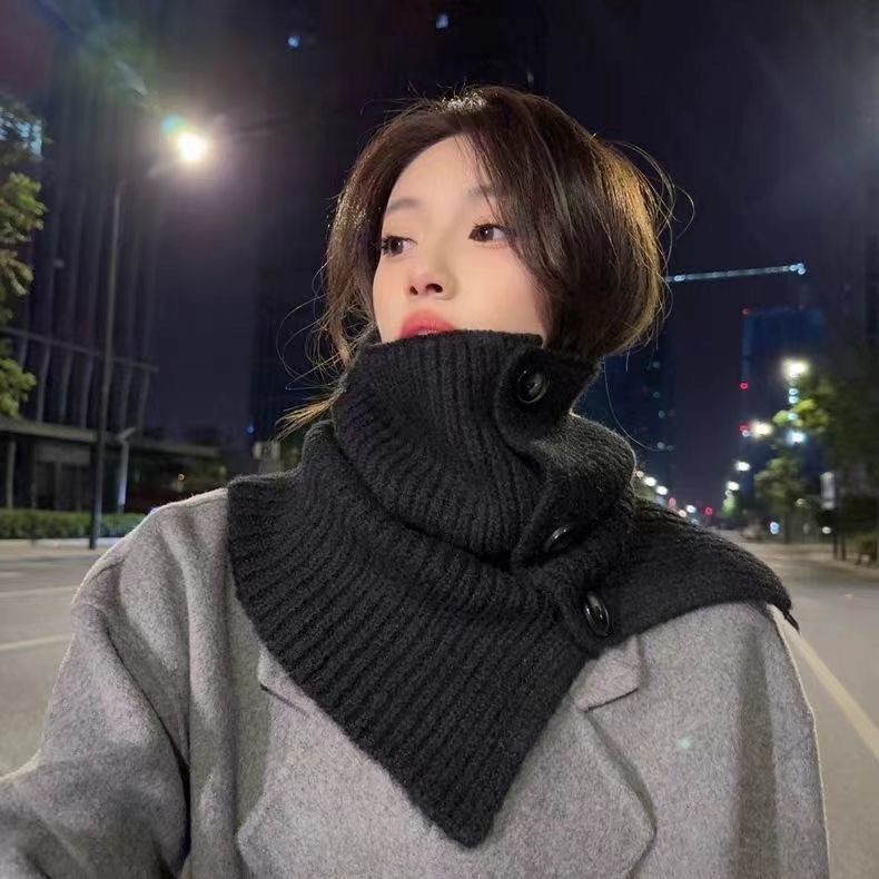 纽扣围脖女冬季新款百搭高级感高领围脖洋气大衣披肩保暖围巾套头