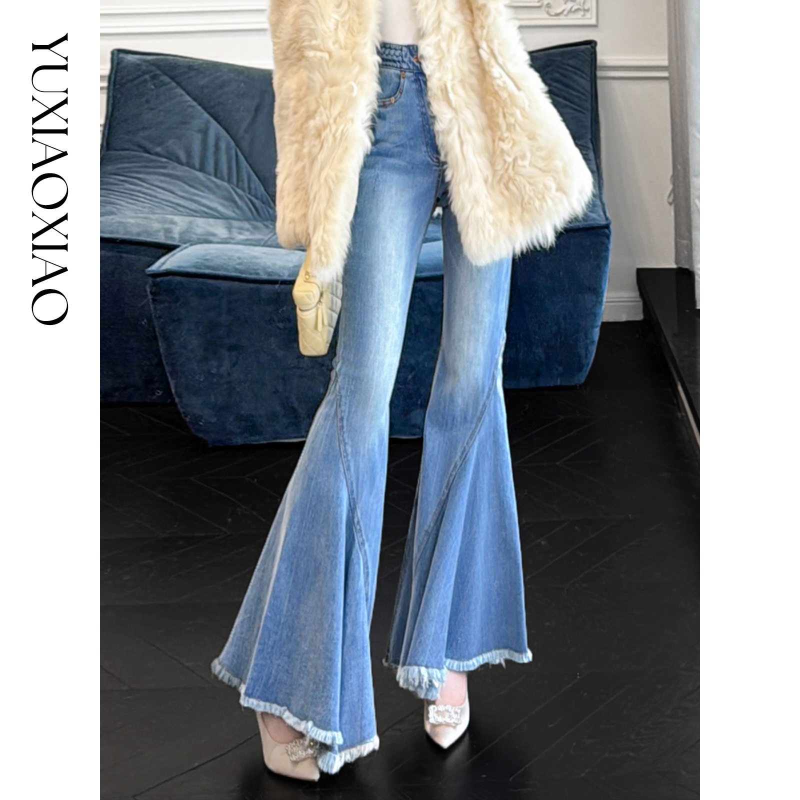 余潇潇【蓝调律动】复古风情时髦设计棉感大喇叭毛边鱼尾牛仔裤