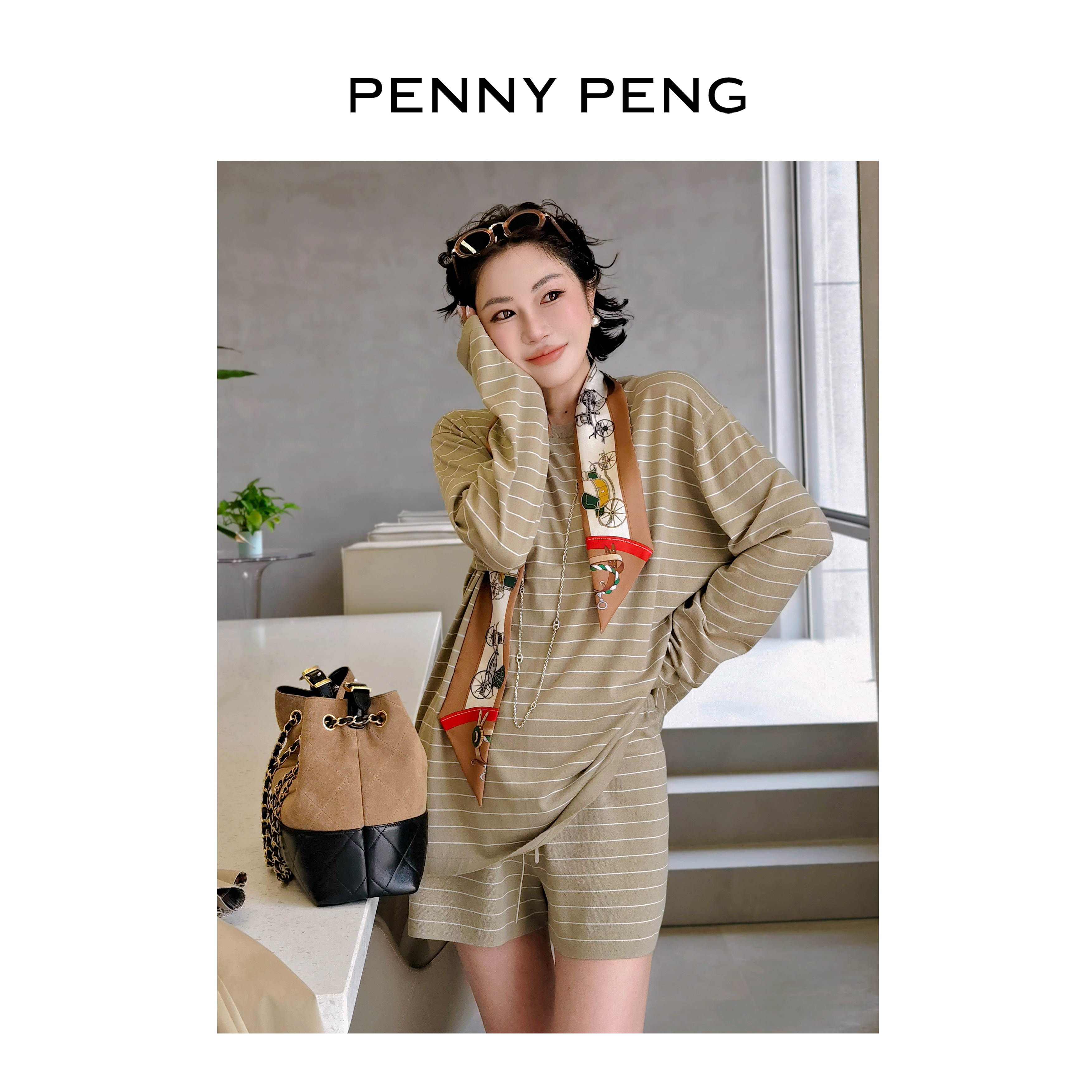 PENNYPENG 简调 长绒棉圆领条纹休闲长袖T恤短裤触感治愈时尚套装
