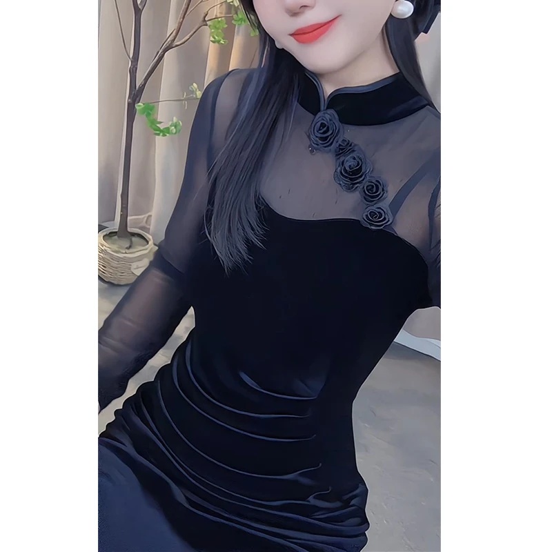 新中式立领丝绒连衣裙女2025秋季新款高级感收腰显瘦气质包臀裙子