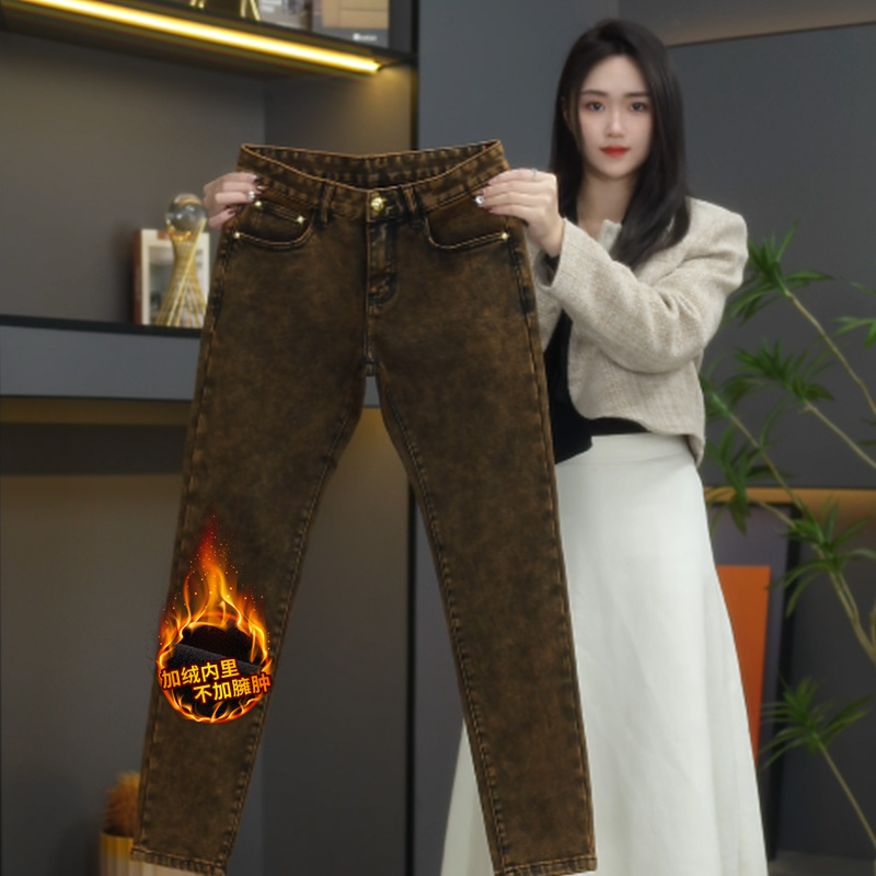 老爷车老爷车小直筒石磨男士牛仔裤秋冬加绒水洗做旧中腰修身弹力